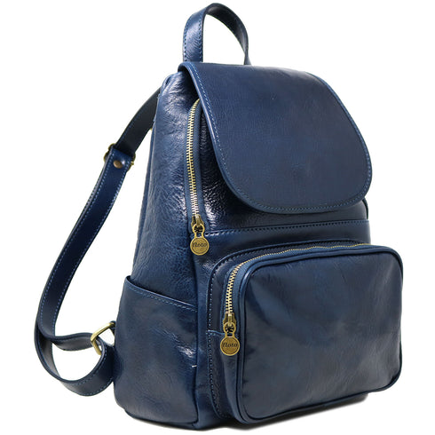 The Floto Livorno leather backpack is a wommen's fashion pack that is handcrafted in Italy. This is the Livorno Backpack in Blue. Angle view.